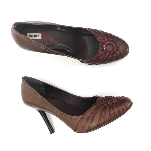 Schutz cognac brown red stacked stiletto heels round toe pumps 9 - Picture 1 of 8